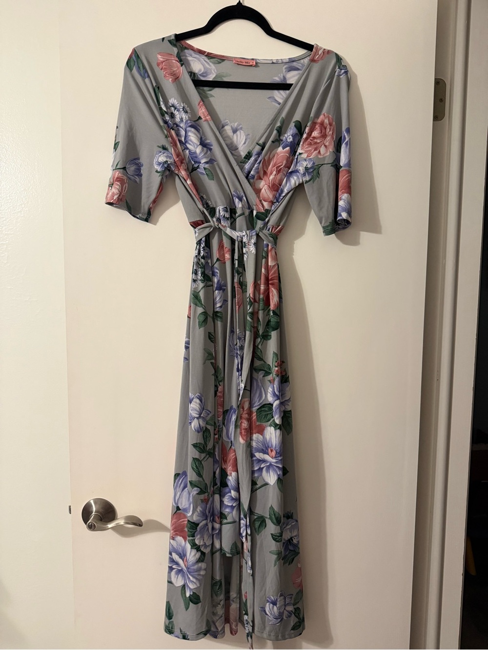 Hello MIZ Gray Floral Wrap Maxi Dress with Pink & Blue Blooms